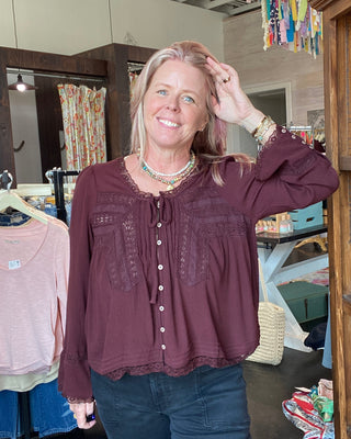 vintage havana Wine Long Sleeve Blouse with Lace Detail