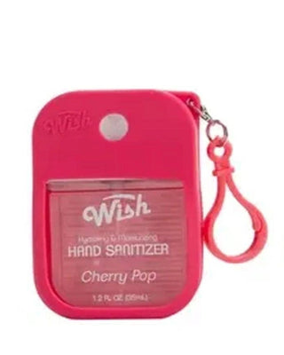 A small Wish brand hand sanitizer dispenser in a bright pink Cherry Pop color, featuring a matching pink wrist strap, on a plain white background.