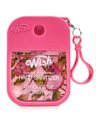 Pink Wish brand hand sanitizer bottle in a silicone sleeve with a matching pink wrist strap, featuring a floral dragonfruit and jasmine design.