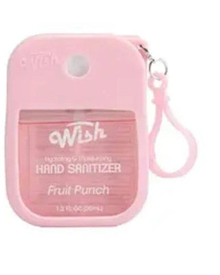 Pink Wish brand hand sanitizer in a compact, pocket-sized plastic case with a wrist strap, labeled 'Fruit Punch'.