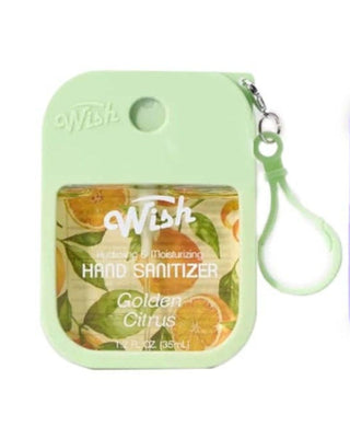 A light green Wish brand hand sanitizer dispenser with a matching wrist strap, featuring a Golden Citrus scent graphic on the front.