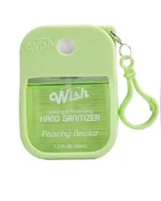 A small light green hand sanitizer bottle with a matching wrist strap, labeled 'wish' and 'Peachy Peculiar' on a plain white background.