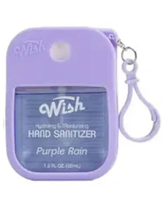 A small purple hand sanitizer bottle with a matching wrist strap, labeled 'Wish Hydrating & Moisturizing Hand Sanitizer Purple Rain' on a plain white background.