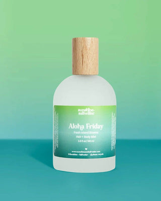 Bottle of Aloha Friday product with a wooden cap on a gradient green and blue background