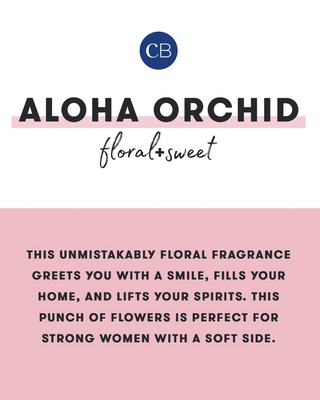 A digital graphic card for 'Aloha Orchid' fragrance by 'CB', featuring a white top half with a navy blue circular 'CB' logo and black text, and a pink bottom half with descriptive text about the floral scent.