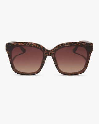 Sunglasses with leopard print frame and brown gradient lenses on a white background