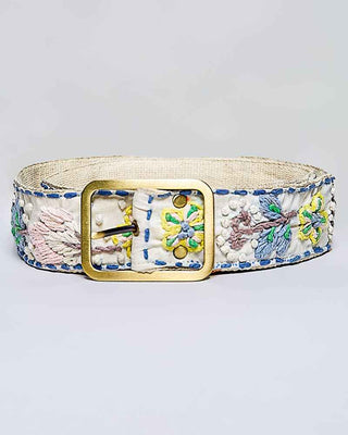 Handcrafted Flower Embroidered Bead Accessory Belt: PALE BLUE MULTI / Os