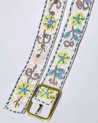 Handcrafted Flower Embroidered Bead Accessory Belt: PALE BLUE MULTI / Os