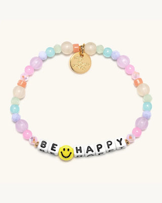 Colorful beaded bracelet with 'BE HAPPY' and smiley face charm on a white background