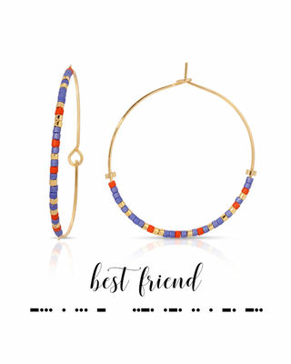 Pair of hoop earrings with colorful beads on a white background, with the words 'best friend' spelled out in morse code.