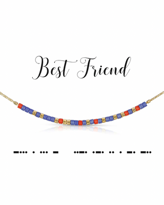 Necklace with colorful beads and gold accents on a white background with 'Best Friend' text in morse code.