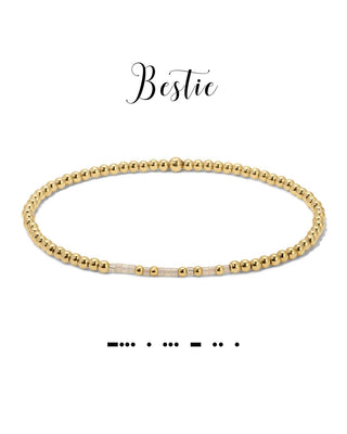 Gold beaded bracelet on a white background with 'Bestie' text