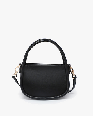Black handbag with a strap on a white background
