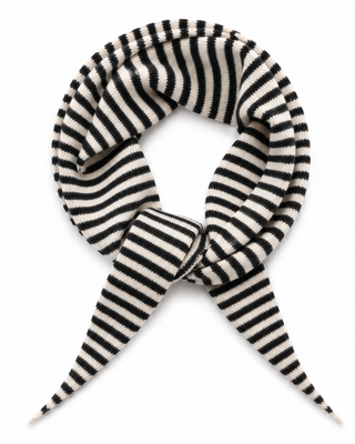 A black and off-white striped knit scarf, styled in a loop with two pointed ends, shown on a plain white background.
