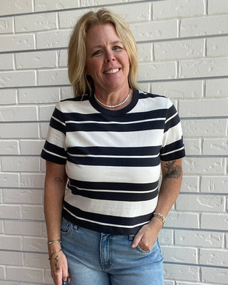 Women's black and cream striped cotton jersey t-shirt with a crew neck, short sleeves, and a relaxed everyday fit.