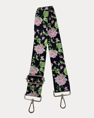 Floral patterned strap with metal clasps on a white background