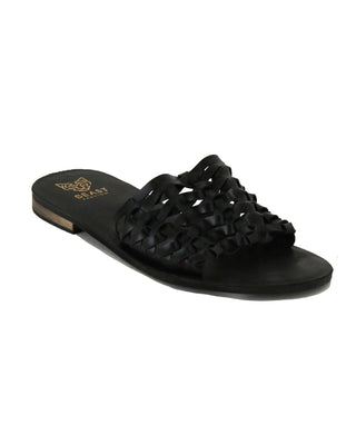 Black sandal with woven design on a white background