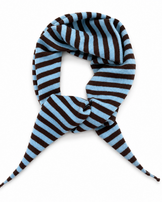 A striped knit scarf with alternating light blue and dark brown horizontal bands, tied in a knot and displayed against a plain white background.