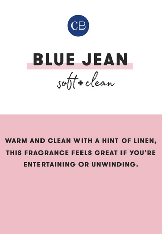 A fragrance product graphic for CB Blue Jean soft+clean, with a white upper section showing the CB logo and product name, and a pink lower section with descriptive text about the scent.