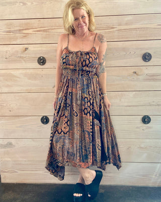 Boho Style Maxi Dress with Tie Front and Smocked Waist
