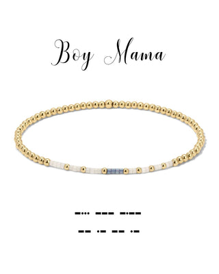 Gold beaded bracelet on a white background with 'Boy Mama' text.