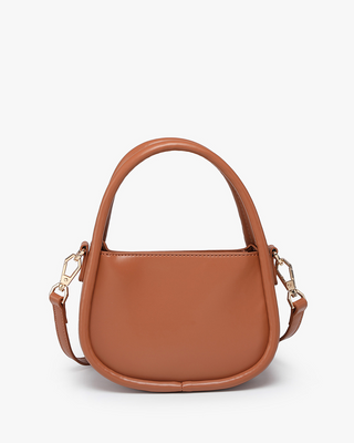 Brown handbag with a strap on a white background