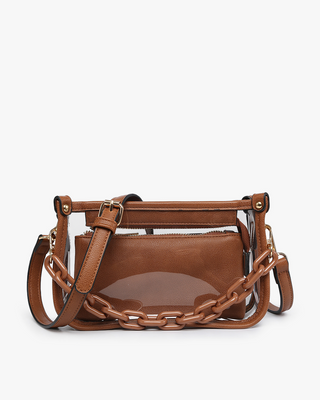 Brown handbag with chain detail on a white background