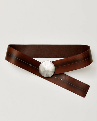 Brown belt with a silver buckle on a light gray background