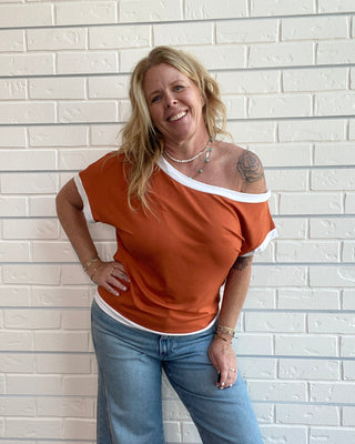Burnt Orange Off-the-Shoulder Knit Top