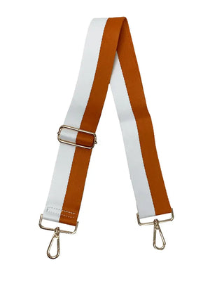Adjustable bag strap with white and orange stripes and gold hardware.