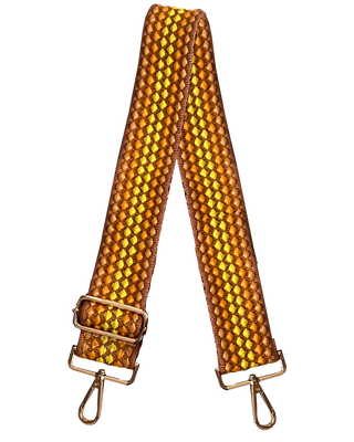 An orange-colored adjustable bag strap with a clasp trim.