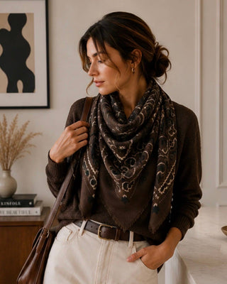 A woman wearing a dark brown knit sweater and cream pants, styled with a dark brown patterned scarf and a brown leather shoulder bag in a warm, neutral-toned indoor setting.