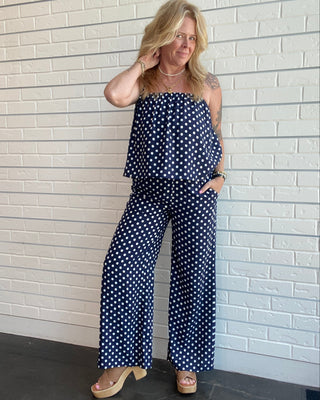 Women's navy and white polka dot tank top with spaghetti straps, an open neckline, and a relaxed fit matching set
