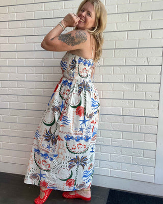 Coastal Print Smocked Maxi Dress