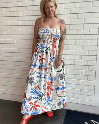 Coastal Print Smocked Maxi Dress