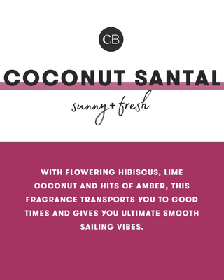 A fragrance label or packaging graphic for 'COCONUT SANTAL' by CB, with a white upper section and a magenta lower section. The text reads 'COCONUT SANTAL', 'sunny + fresh', and describes the scent notes in white lettering.