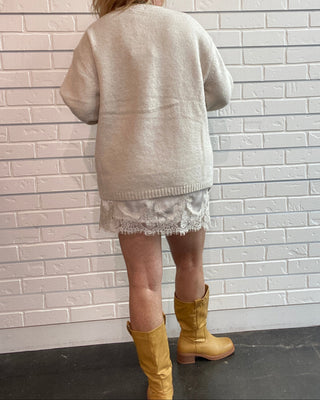 Z Supply Chill Mode Sweater in Frosted Pearl. A soft longline sweater with a relaxed fit, crew neck, and dropped shoulders.