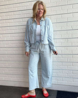 Cropped Railroad Stripe Denim Jacket