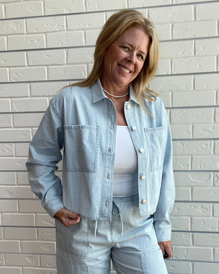Cropped Railroad Stripe Denim Jacket