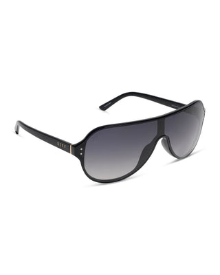 Black shield-style sunglasses with gradient gray lenses, shown at a three-quarter angle on a plain white background.