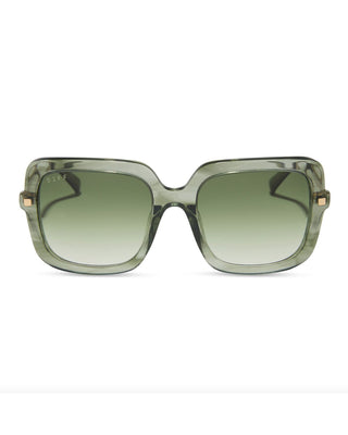 Green sunglasses with gold accents on a white background