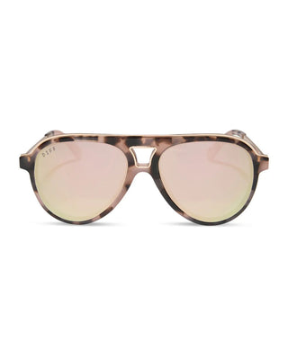 Sunglasses with tortoiseshell frame and pink-tinted lenses on a white background