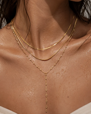 Ellie Vail Anarosa layered lariat necklace featuring multiple stainless steel chains and a 4-inch lariat drop.