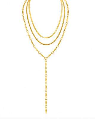Ellie Vail Anarosa layered lariat necklace featuring multiple stainless steel chains and a 4-inch lariat drop.