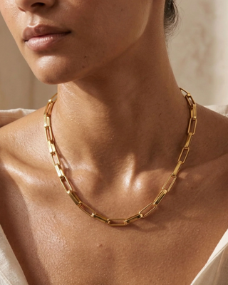 Ellie Vail Julia elongated chain necklace featuring 5mm stainless steel links and an adjustable 16–18 inch length.