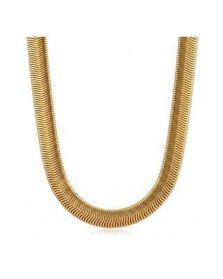 Ellie Vail Rima water-resistant stainless steel snake chain necklace with 8mm width and adjustable chain length.
