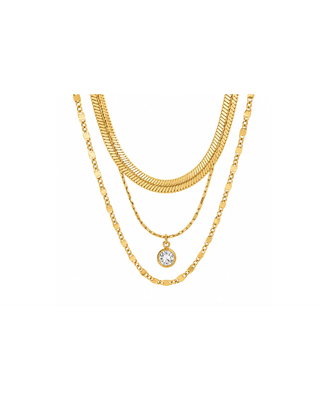 Ellie Vail Royal layered chain necklace featuring three stainless steel chain lengths and cubic zirconia accents.