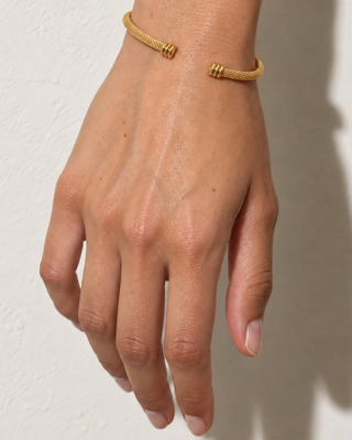 Ellie Vail Sinclair mesh cuff bracelet in water-resistant stainless steel with an open design and 4.2 mm width.