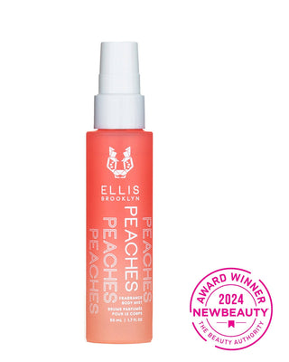 Ellis Brooklyn Peaches fragrance spray bottle with NewBeauty award badge on a white background