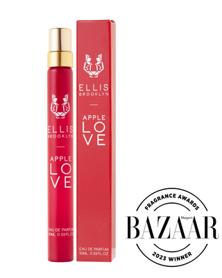 Red Ellis Brooklyn Apple Love perfume bottle and packaging with Harper Bazaar award stamp on a white background